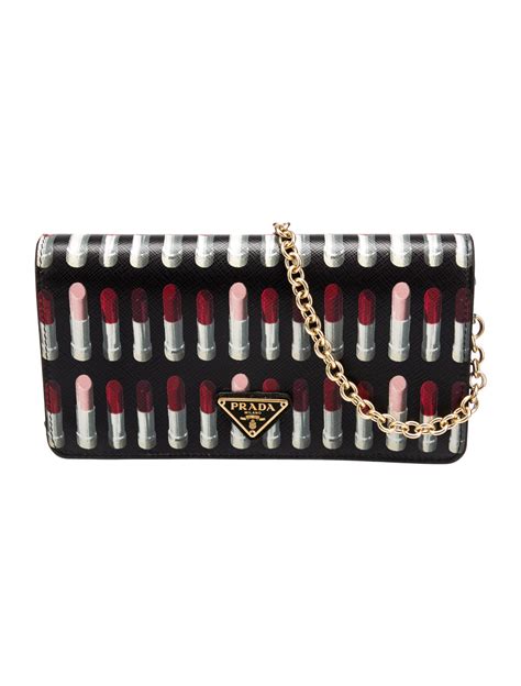 PRADA Saffiano Lipstick Print Chain Wallet Black 